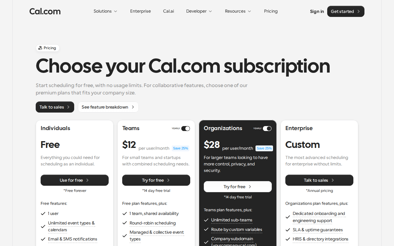 Cal.com’s pricing page, headed “Choose your Cal.com subscription”, noting you can start scheduling for free with no usage limits, with Individuals, Teams and Organizations tiers.