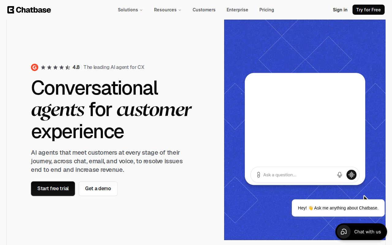 Chatbase’s homepage, headed “Conversational agents for customer experience”, with the line “AI agents that meet customers at every stage of their journey” and a 4.8 rating.