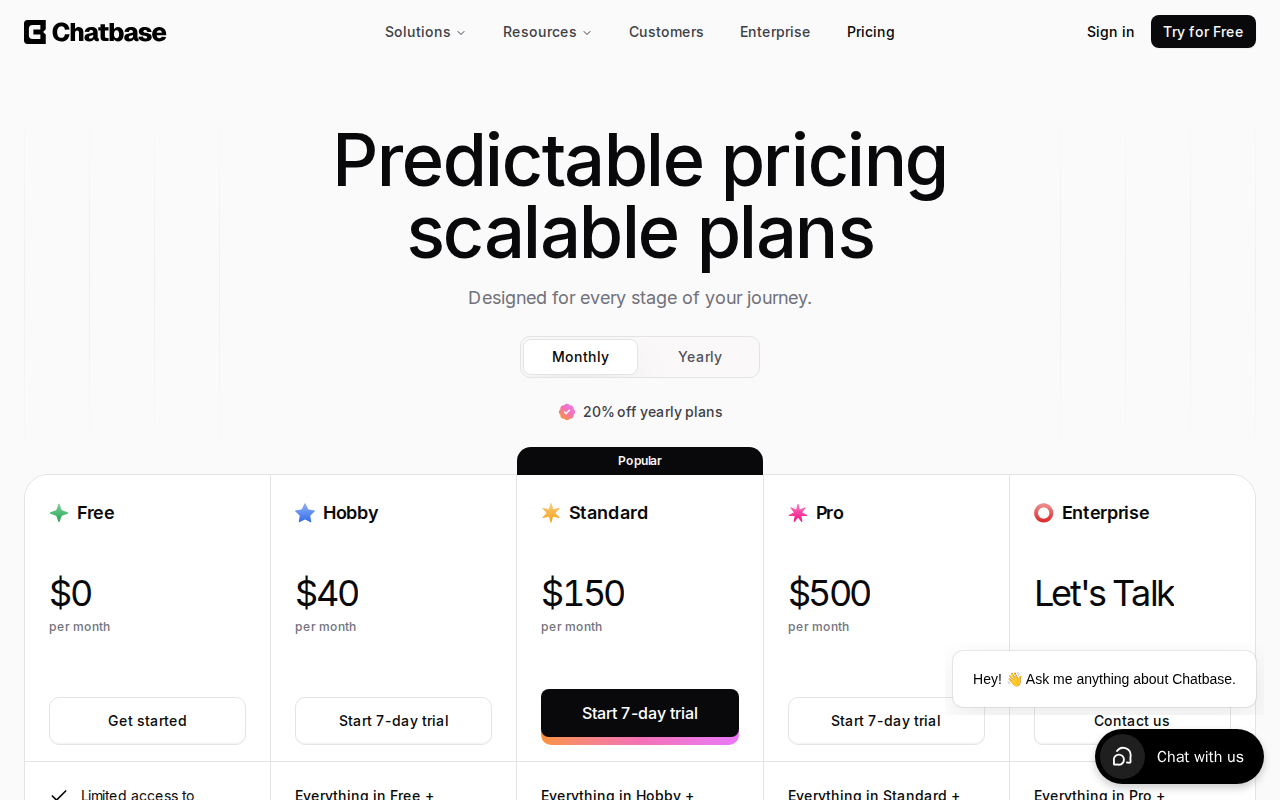 Chatbase’s pricing page, headed “Predictable pricing scalable plans”, with a monthly/yearly toggle advertising 20% off yearly plans, and Free, Hobby, Standard and Pro tiers.