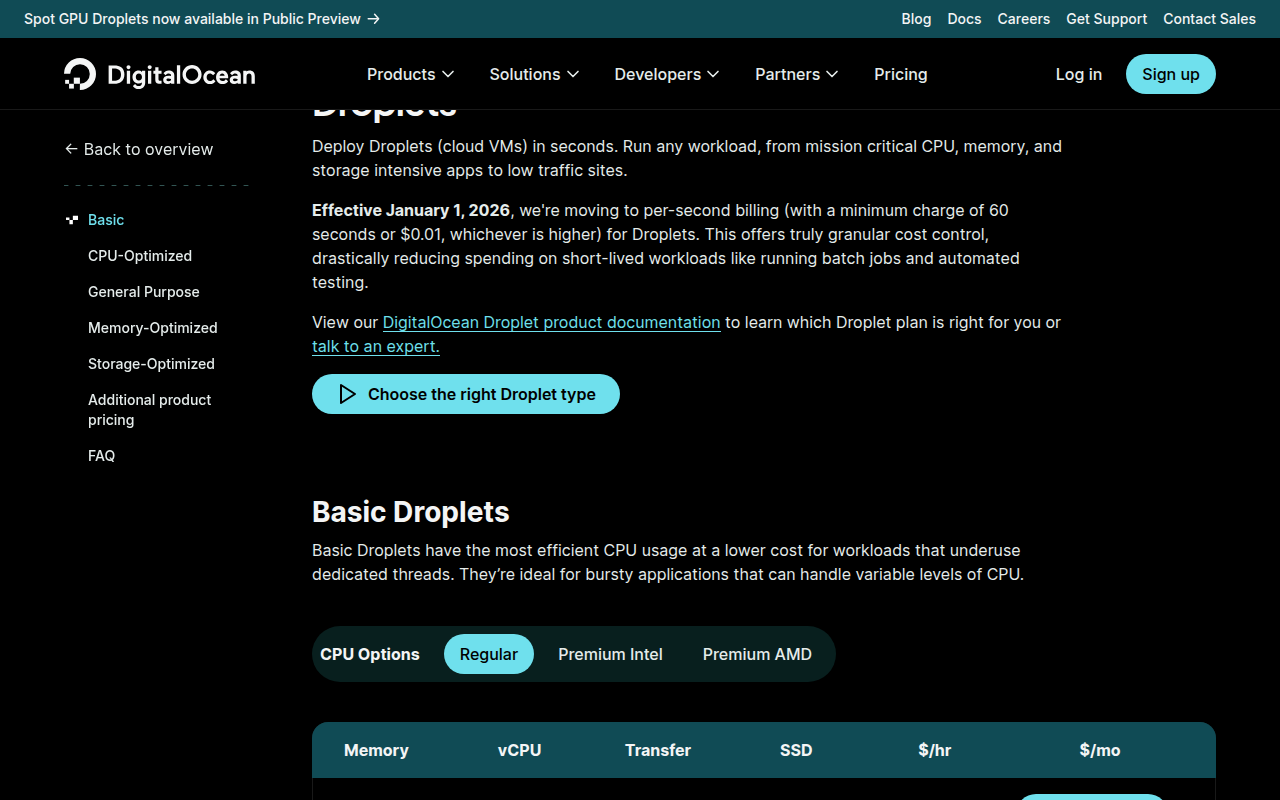 DigitalOcean Droplets pricing page showing the Basic Droplets section with Regular, Premium Intel and Premium AMD CPU options and a rate table headed Memory, vCPU, Transfer, SSD, $/hr and $/mo, above a note that per-second billing takes effect January 1 2026