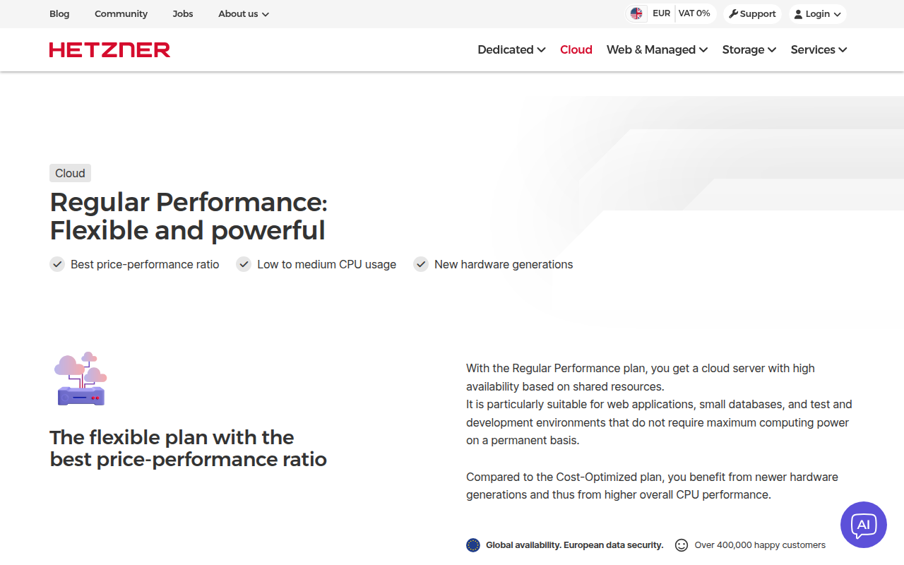 Hetzner Cloud Regular Performance page describing shared-resource cloud servers suited to web applications, small databases and test environments
