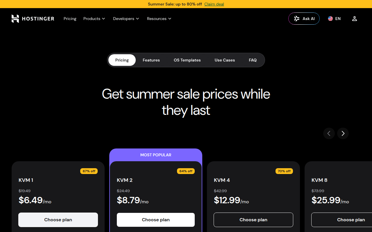 Hostinger VPS pricing cards under a summer sale banner: KVM 1 at $6.49/mo reduced from $19.49, KVM 2 at $8.79/mo from $24.49, KVM 4 at $12.99/mo from $42.99 and KVM 8 at $25.99/mo from $73.99