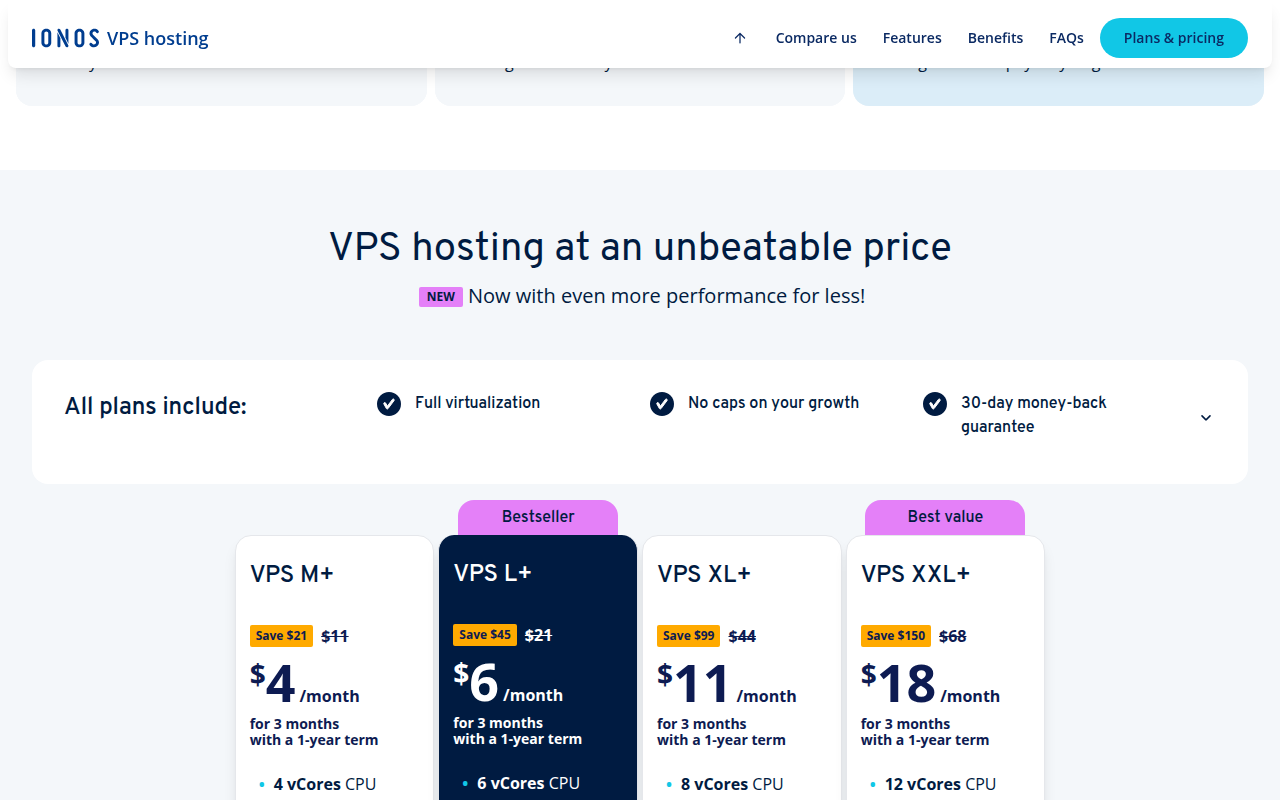 IONOS VPS plan cards headlined “VPS hosting at an unbeatable price”: VPS M+ at $4/month with 4 vCores, VPS L+ at $6/month with 6 vCores, VPS XL+ at $11/month with 8 vCores and VPS XXL+ at $18/month with 12 vCores, each for three months on a one-year term
