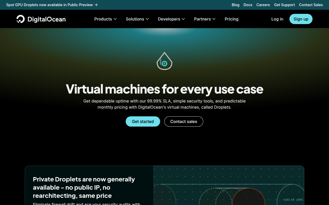 DigitalOcean Droplets product page headlined “Virtual machines for every use case” with a 99.99% SLA and predictable monthly pricing