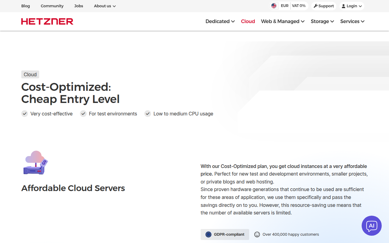 Hetzner Cloud Cost-Optimized page describing affordable cloud servers on proven hardware generations, aimed at test environments, smaller projects and blogs