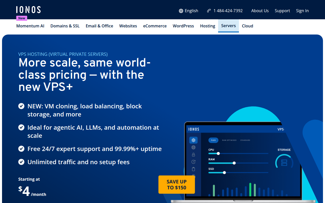 IONOS VPS hosting page promoting the new VPS+ with VM cloning, load balancing and block storage, unlimited traffic and no setup fees, starting at $4 per month
