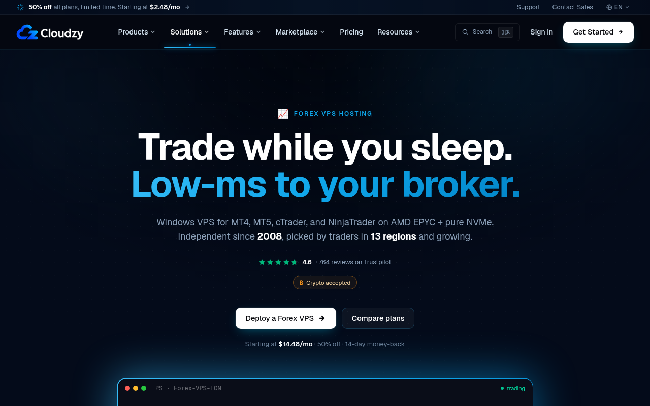 Cloudzy Forex VPS page headlined “Trade while you sleep. Low-ms to your broker.” offering Windows VPS for MT4, MT5, cTrader and NinjaTrader on AMD EPYC and NVMe across 13 regions, starting at $14.48/mo with 50% off and a 14-day money-back guarantee