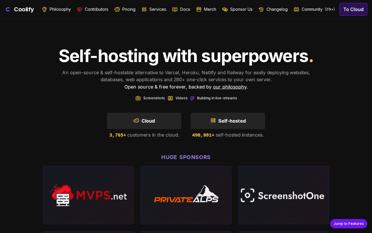 The Coolify homepage describing its open-source self-hostable alternative to Heroku and Netlify
