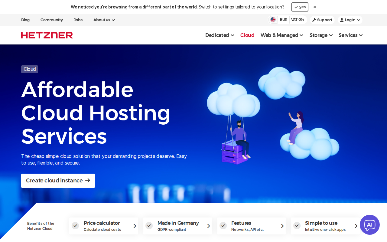 Hetzner Cloud page showing its price calculator and GDPR-compliant German data centres