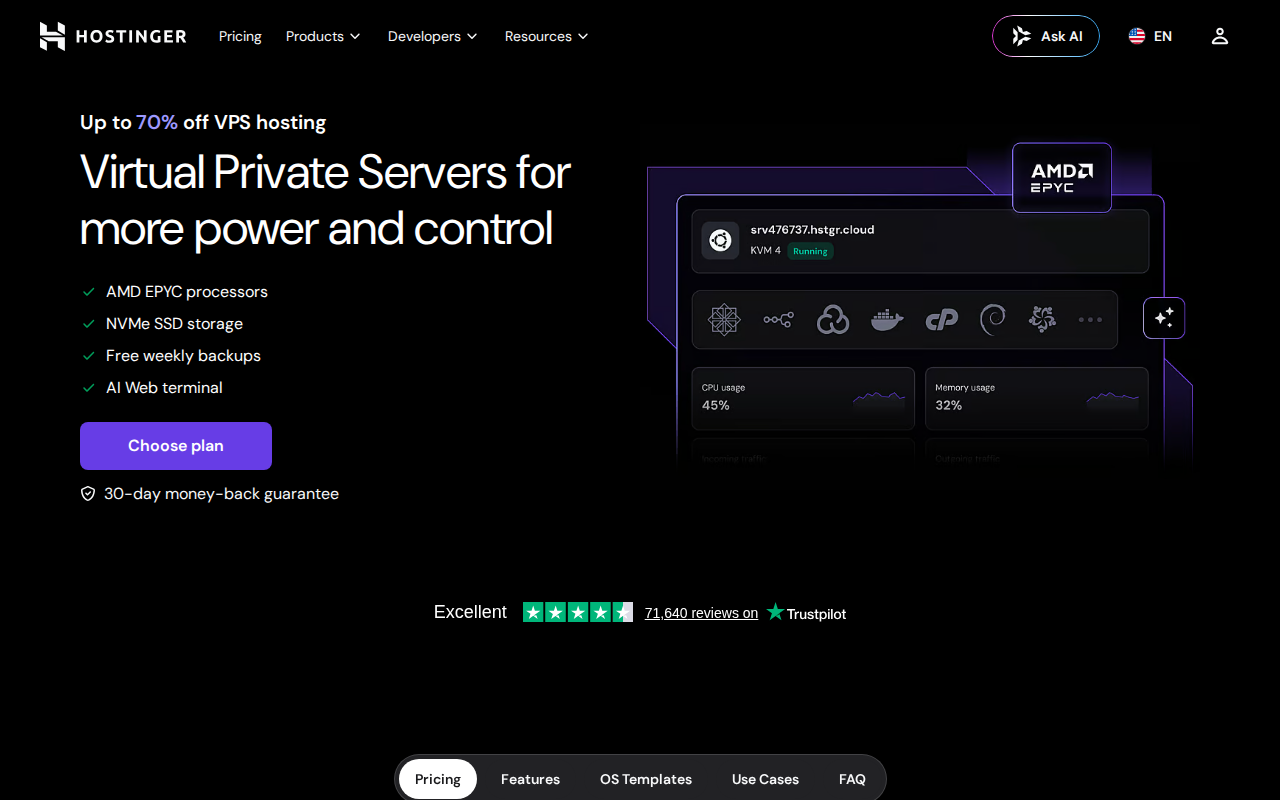 Hostinger VPS hosting page showing AMD EPYC processors, NVMe storage and free weekly backups