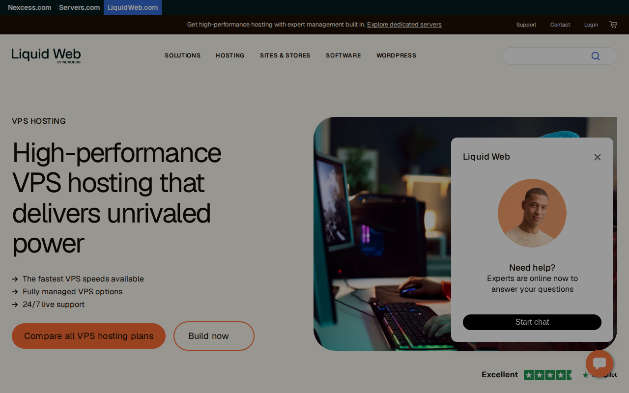 Liquid Web VPS hosting page advertising fully managed VPS options and 24/7 live support