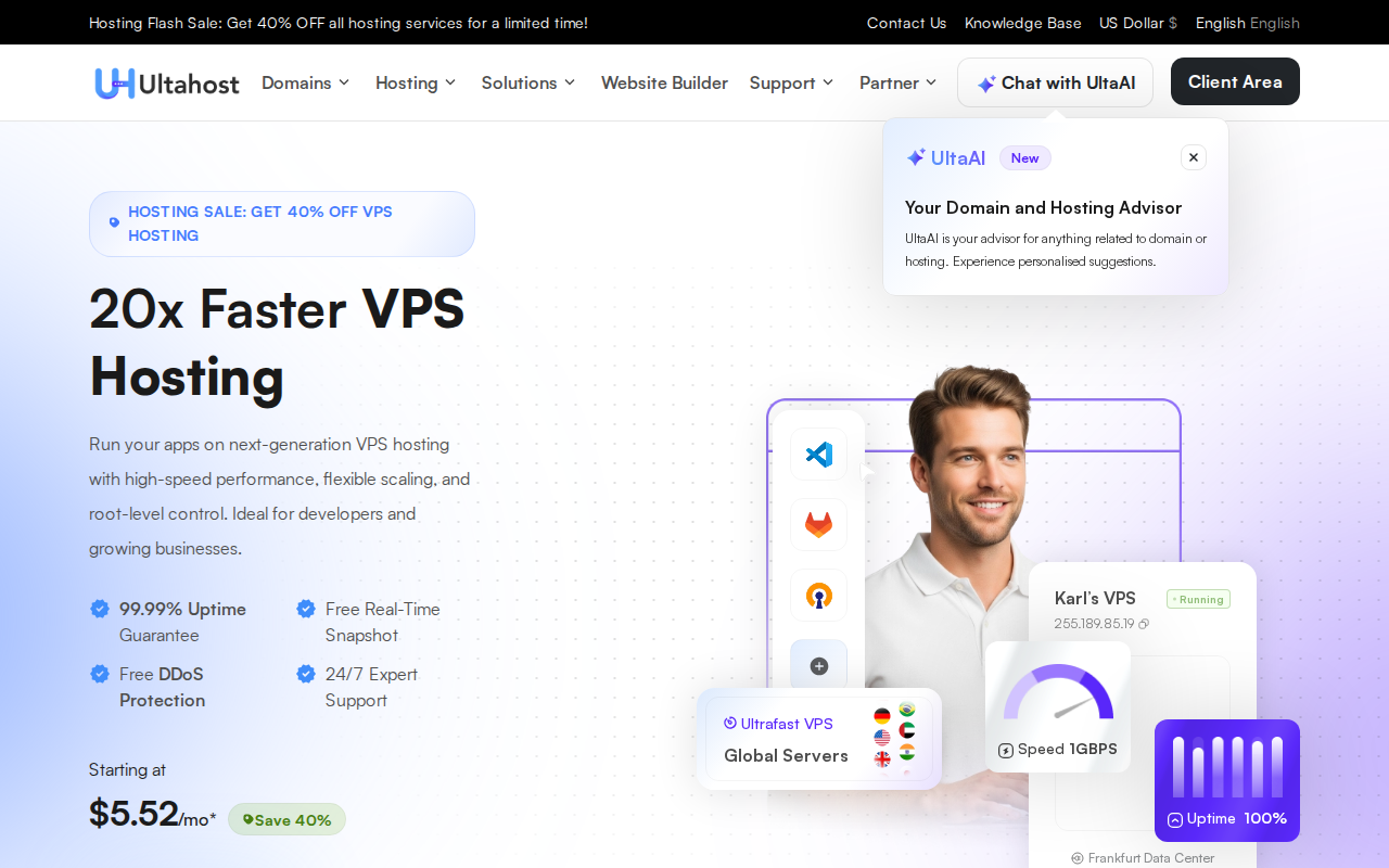 UltaHost VPS hosting page listing NVMe storage and root access on budget KVM plans