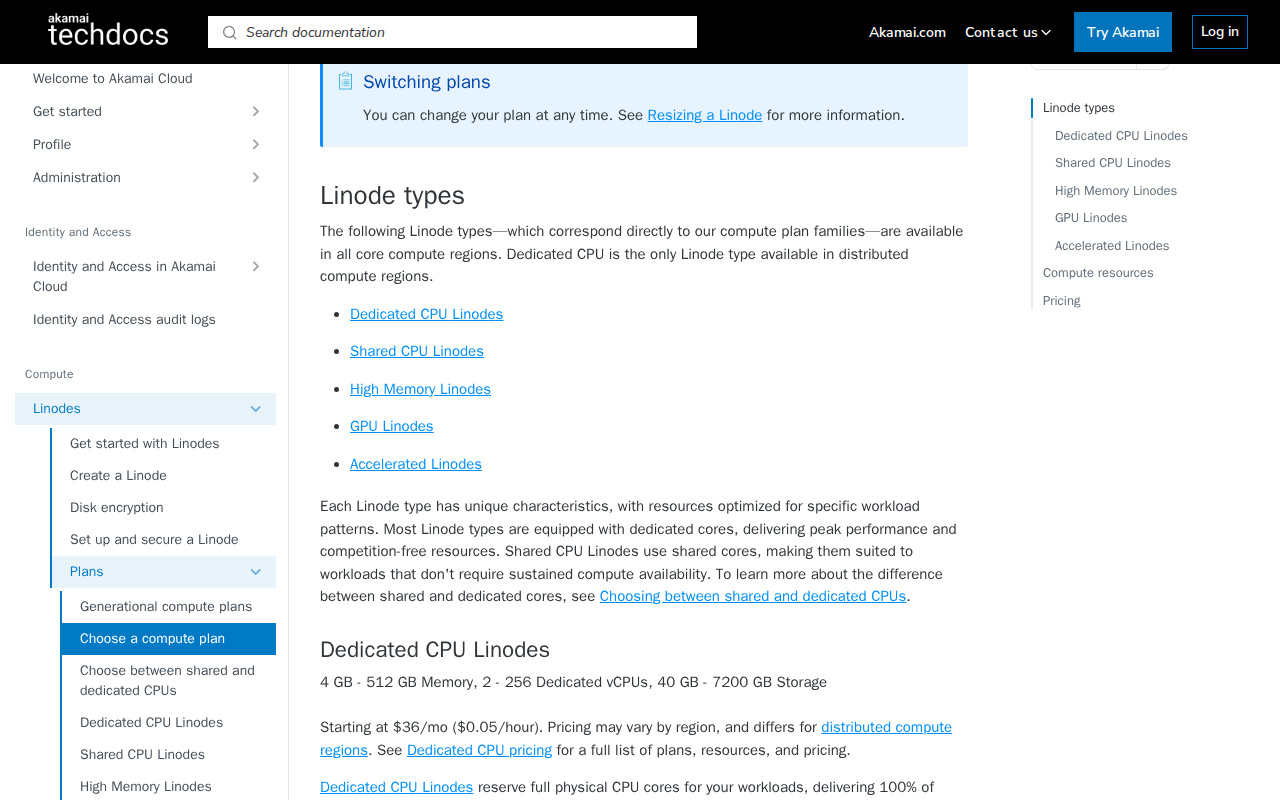 Akamai Cloud compute instances page listing shared, dedicated and high-memory plan options