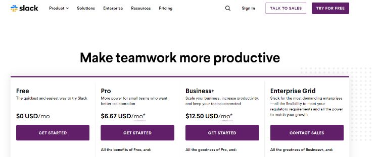 Slack Pricing Page