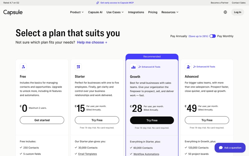 Capsule CRM’s pricing page with Pay Annually selected, showing Free at €0 for a maximum of two users, Starter at €15, Growth at €28 marked recommended, and Advanced at €49 per user per month.