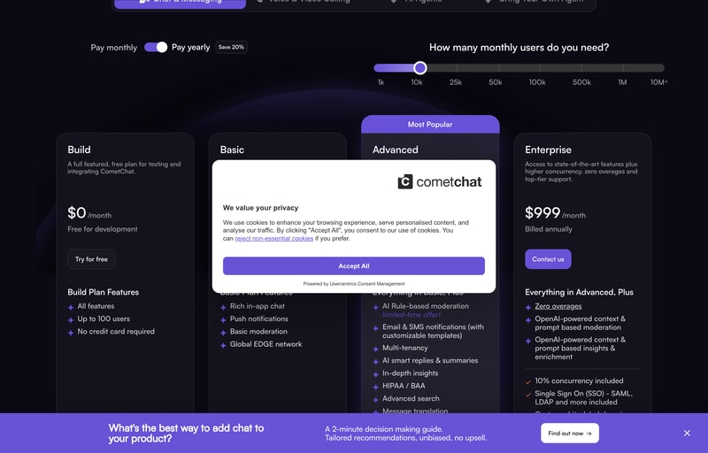 Auf der Preisseite von CometChat wird ein Schieberegler für monatlich aktive Nutzer angezeigt. Die Build-Version ist kostenlos, die Basic-Version kostet 239 US-Dollar und die Advanced-Version 359 US-Dollar pro Monat (jährliche Abrechnung).