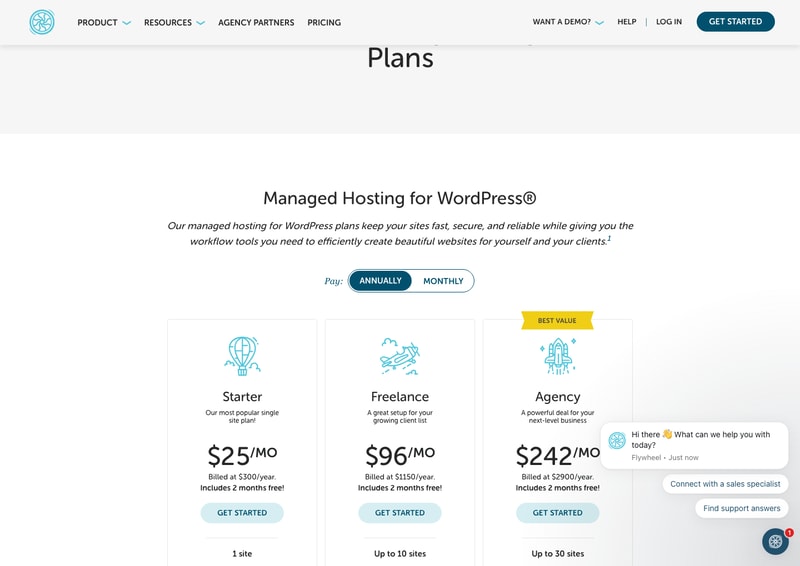 Flywheel’s WordPress hosting plans: Starter at $25, Freelance at $96 and Agency at $242 per month, each billed annually and stating “Includes 2 months free!”.