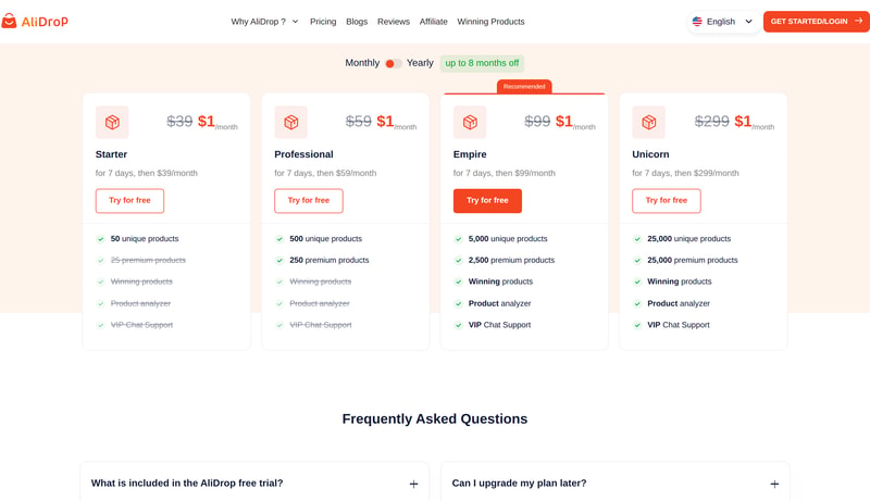 AliDrop’s four monthly plans — Starter $39, Professional $59, Empire $99, Unicorn $299 — with several feature bullets struck through on the lower two