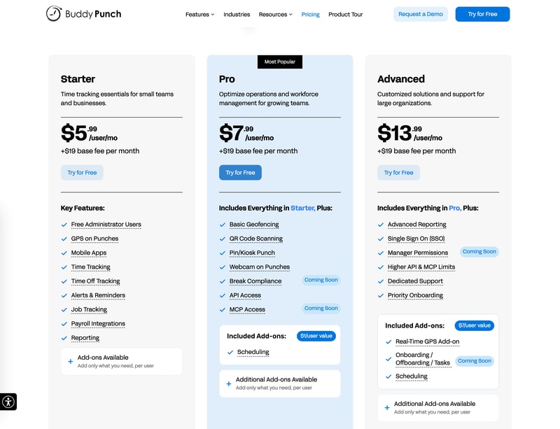 Buddy Punch’s three plan cards — Starter at $5.99, Pro at $7.99 and Advanced at $13.99 per user per month, each showing a $19 base fee per month underneath