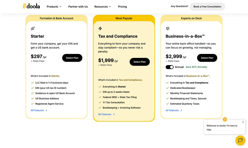 doola’s three pricing cards — Starter at $297 a year, Tax and Compliance at $1,999 and Business-in-a-Box at $2,999, each marked “+ State Fees”