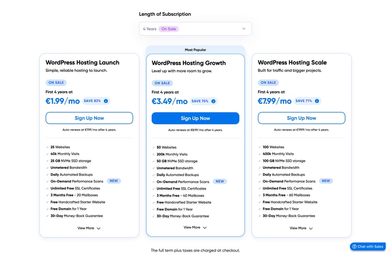 DreamHost’s WordPress hosting plans showing Launch at €1.99, Growth at €3.49 and Scale at €7.99 a month on a 4-year term, each with its renewal price.