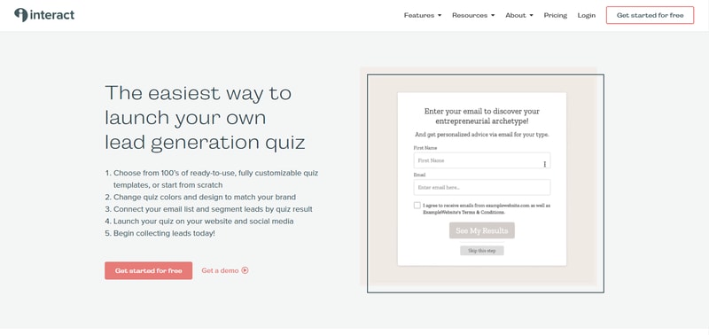 Interact Quiz Builder homepage