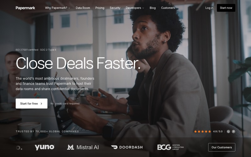 Papermark’s homepage, headed “Close Deals Faster”, aimed at dealmakers, founders and finance teams, showing ISO 27001 and SOC 2 Type II badges and noting it is trusted by 70,000+ global companies with a 4.9 out of 5 rating.