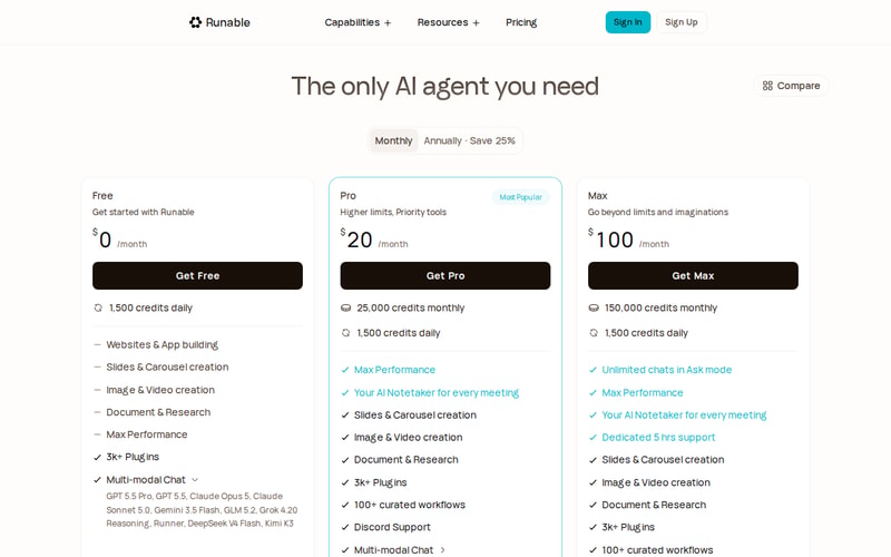 Runable’s pricing page, headed “The only AI agent you need”, with a monthly and annual toggle advertising 25% savings and a Free tier at $0 a month including 1,500 daily credits.