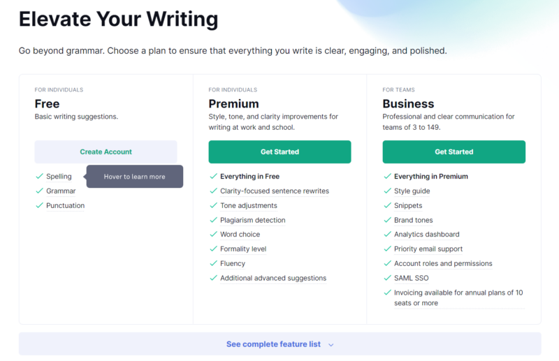 Grammarly pricing page