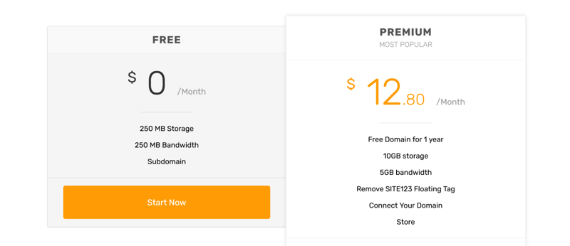 Screenshot of Site123's pricing tiers.