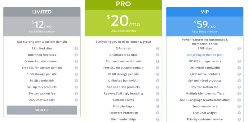 Screenshot of Strikingly's pricing page.