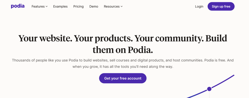 A screenshot of Podia's homepage.