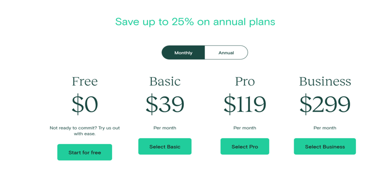 A screenshot of Teachable's four pricing plans including their free version.