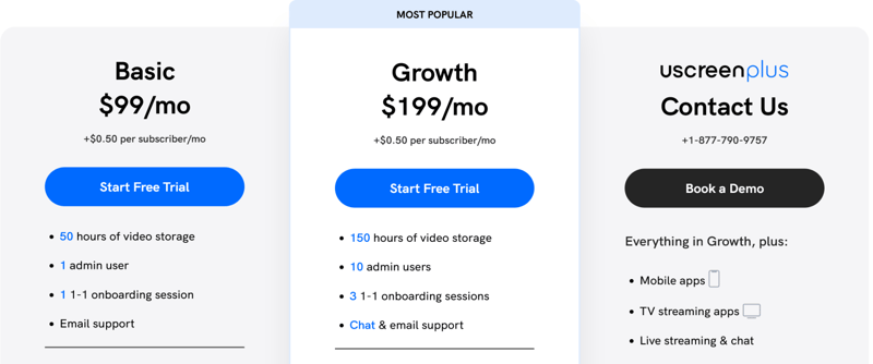 A screenshot of uScreen's three pricing tiers.