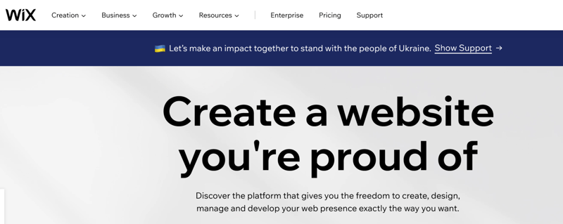 A screenshot of Wix's homepage.
