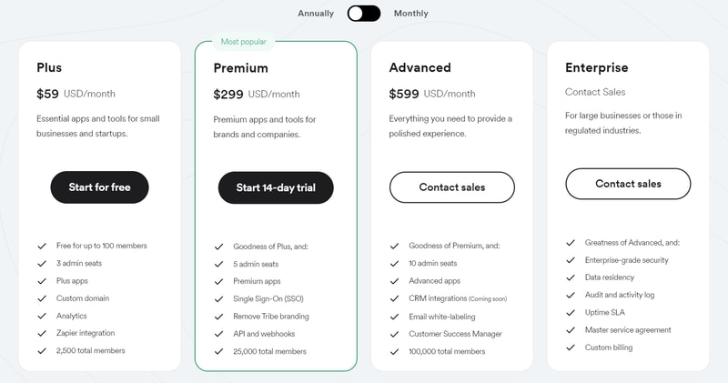Tribe pricing page