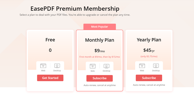 EasePDF Pricing page