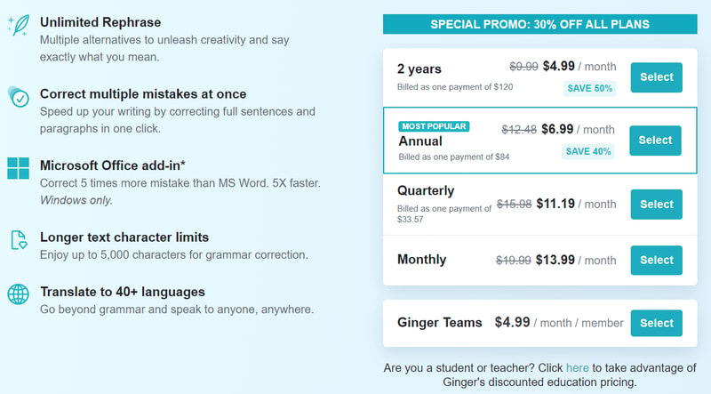 Ginger pricing page