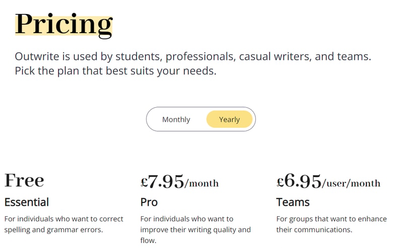 Outwrite pricing page