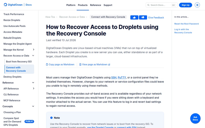 DigitalOcean documentation page titled “How to Recover Access to Droplets using the Recovery Console”, explaining that it provides out-of-band access available regardless of network settings