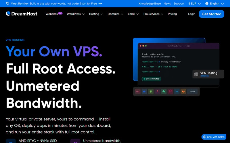 DreamHost VPS hosting page headlined “Your Own VPS. Full Root Access. Unmetered Bandwidth.”, advertising AMD EPYC and NVMe SSD with apps deployable in minutes from the dashboard
