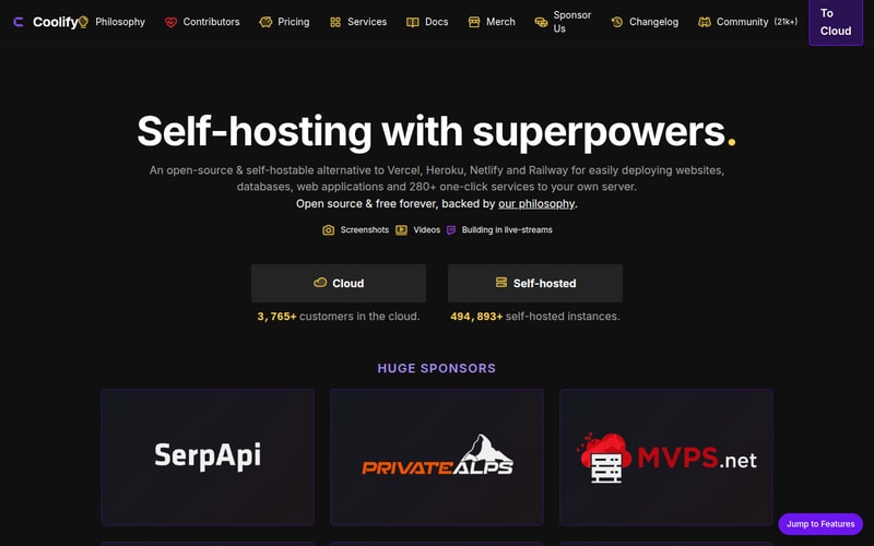 The Coolify homepage describing its open-source self-hostable alternative to Heroku and Netlify