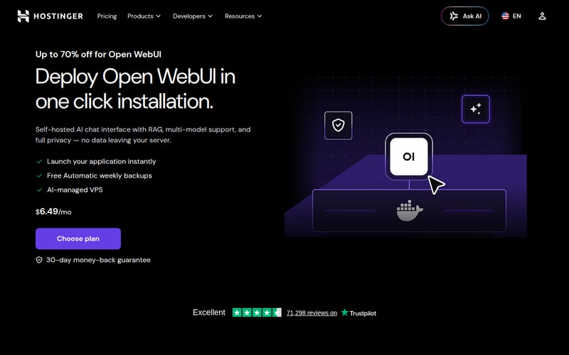 Hostinger’s one-click Open WebUI deployment page showing RAG support, multi-model support and $6.49 per month pricing