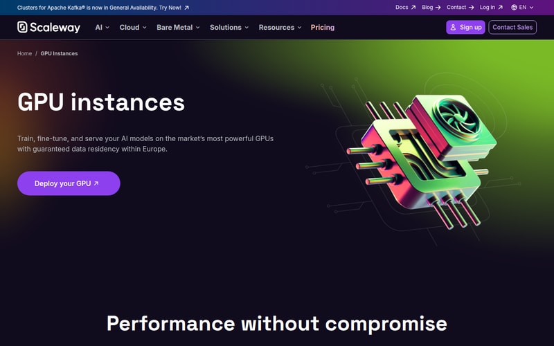 Scaleway GPU instances page offering European-hosted GPU compute for AI workloads