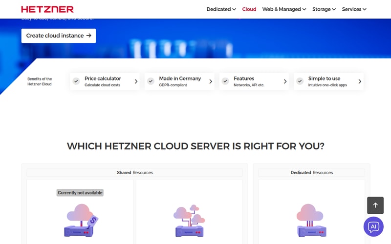 Hetzner Cloud page with a “Currently not available” label on the first Shared Resources plan, and a “Made in Germany, GDPR-compliant” panel above it