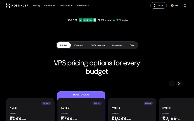 Hostinger’s Indian VPS pricing page showing KVM 1 at Rs599, KVM 2 at Rs799, KVM 4 at Rs1,099 and KVM 8 at Rs2,199 per month, with struck-through list prices and an Indian locale selector