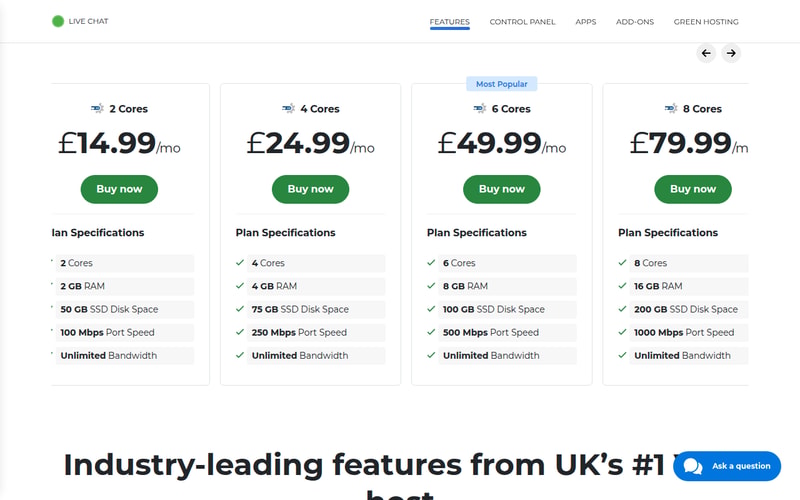 20i’s VPS plan cards showing 2 cores and 2GB for £14.99, 4 cores and 4GB for £24.99, 6 cores and 8GB for £49.99 and 8 cores and 16GB for £79.99, each with a stated port speed and unlimited bandwidth