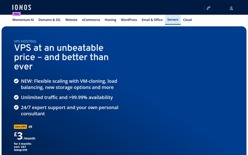 IONOS UK VPS page showing a headline price of £3 per month for 3 months excluding VAT, against a £9 list price, with a £10 setup fee struck through