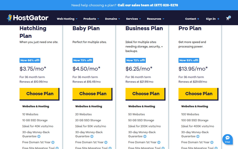 HostGator plan cards showing Hatchling at $3.75/mo for a 36 month term, renewing at $10.99/mo