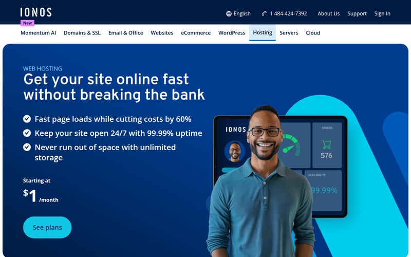 IONOS web hosting page with the headline “Get your site online fast without breaking the bank” and “Starting at $1/month”